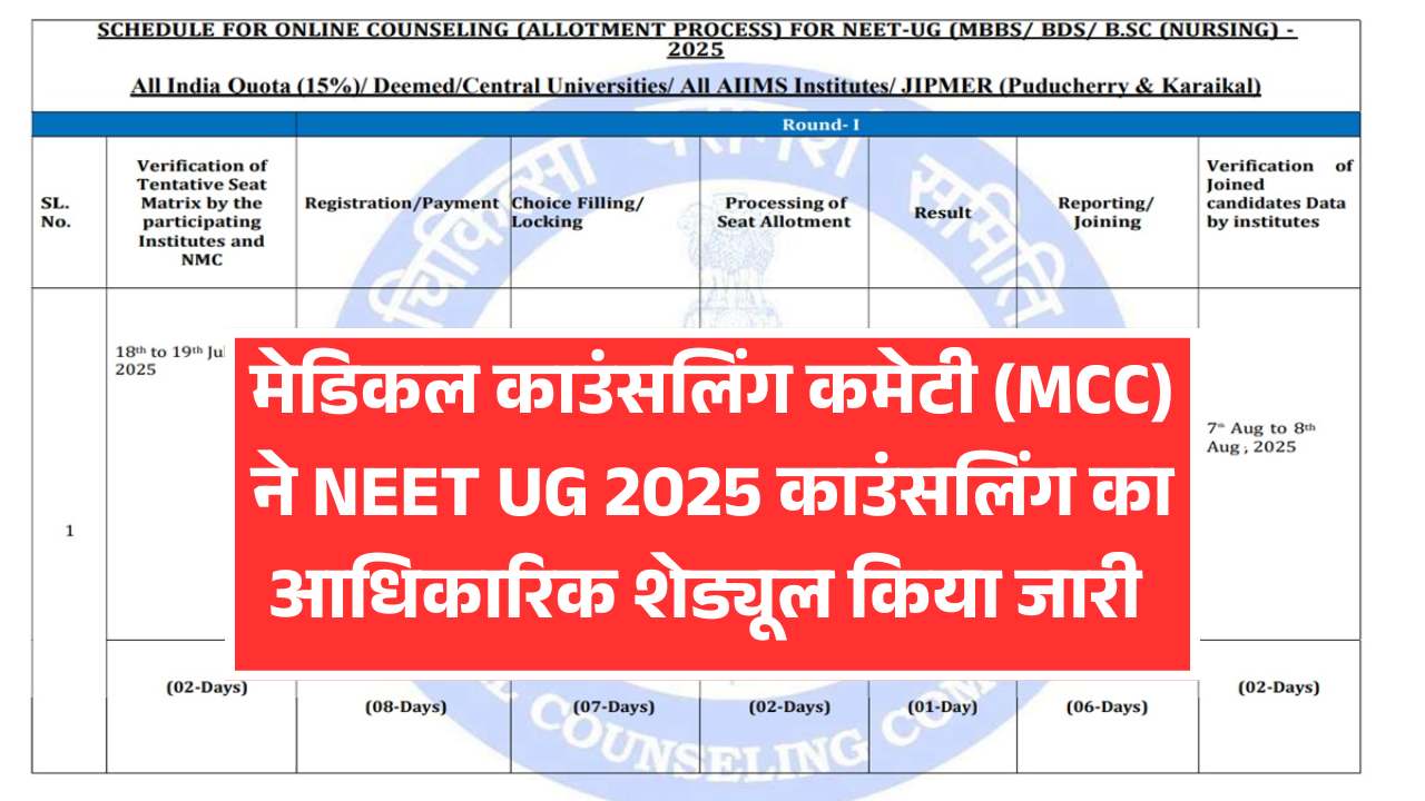 NEET UG Counselling 2025: MCC ने जारी किया पूरा शेड्यूल, रजिस्ट्रेशन 21 जुलाई से