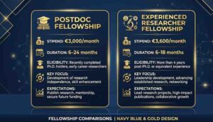 Postdoc (€3k, 6-24mo) vs. Experienced Researcher (€3.6k, 6-18mo) comparison in navy and gold.