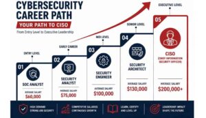 Cybersecurity career path staircase infographic from SOC Analyst to CISO with increasing salary at each level.