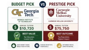 Georgia Tech vs Carnegie Mellon — budget vs prestige tuition comparison graphic.